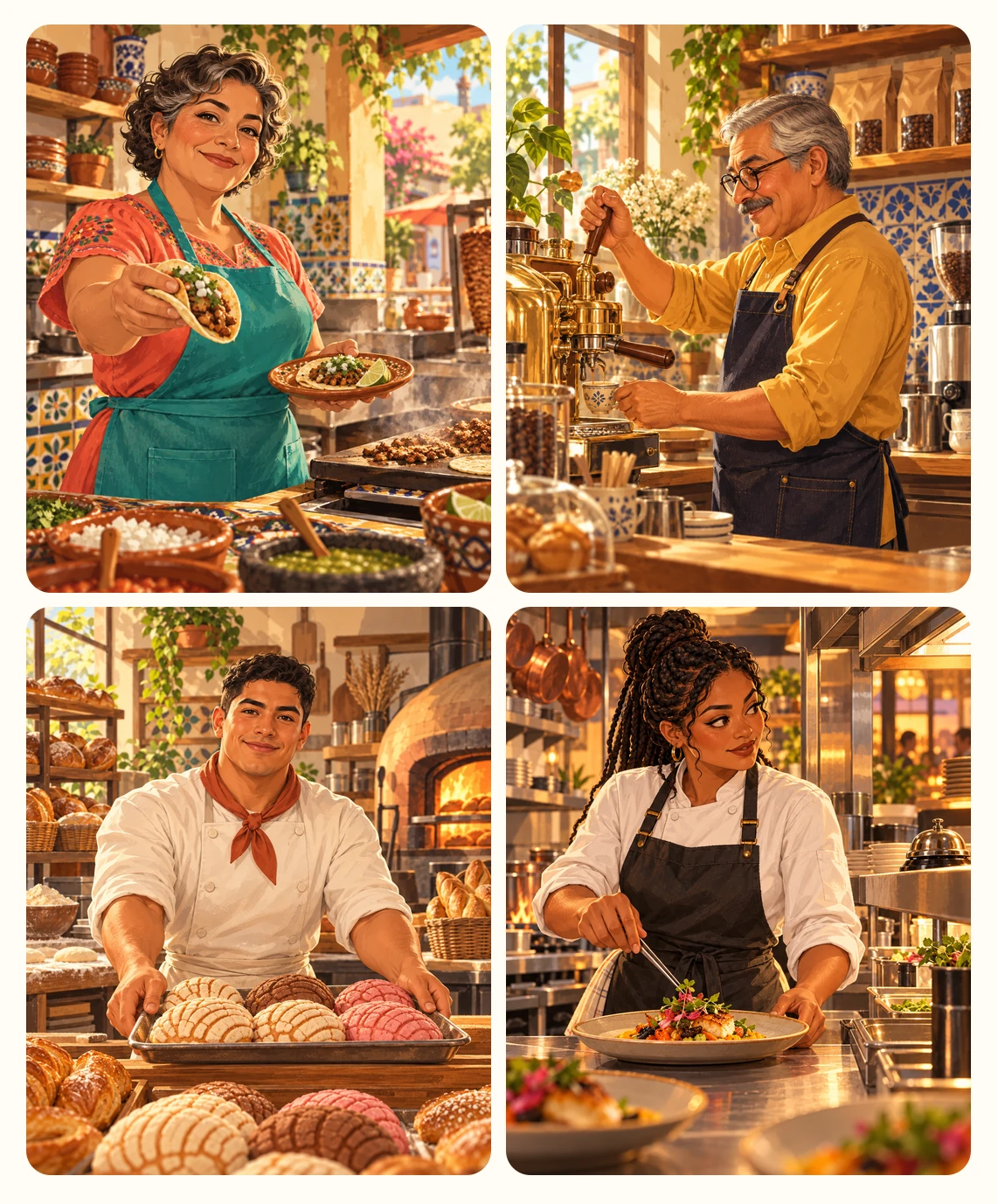 Mosaico ilustrado de taquería, cafetería, panadería y restaurante