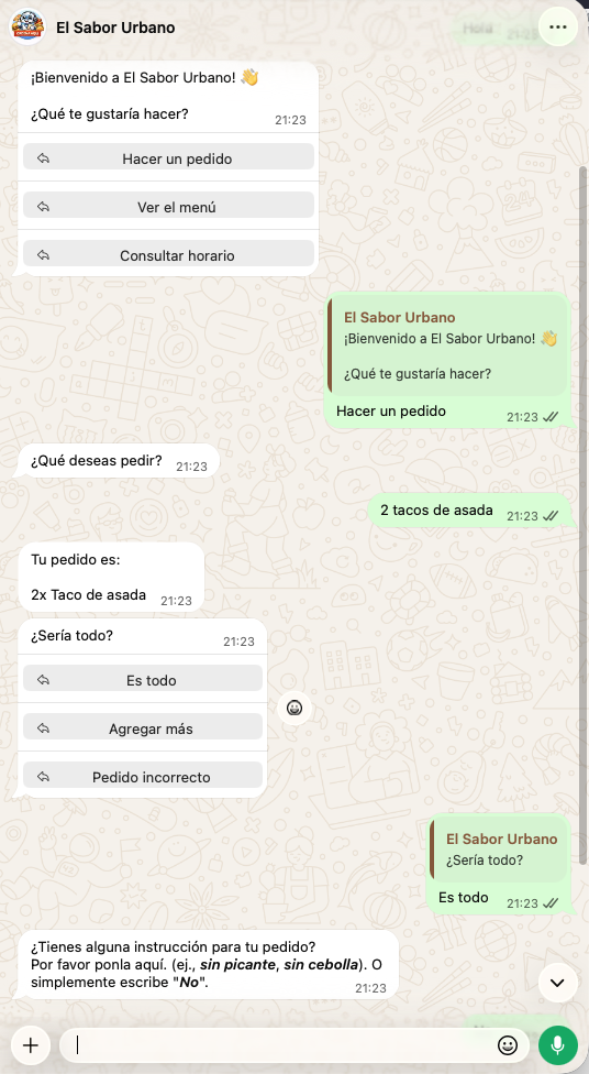 Conversación de pedido paso a paso en WhatsApp