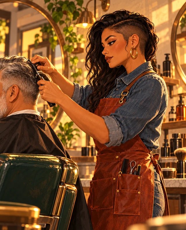 Ilustración de una barbería atendiendo a un cliente