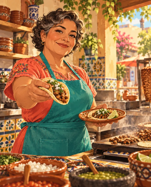 Ilustración de una taquería preparando tacos