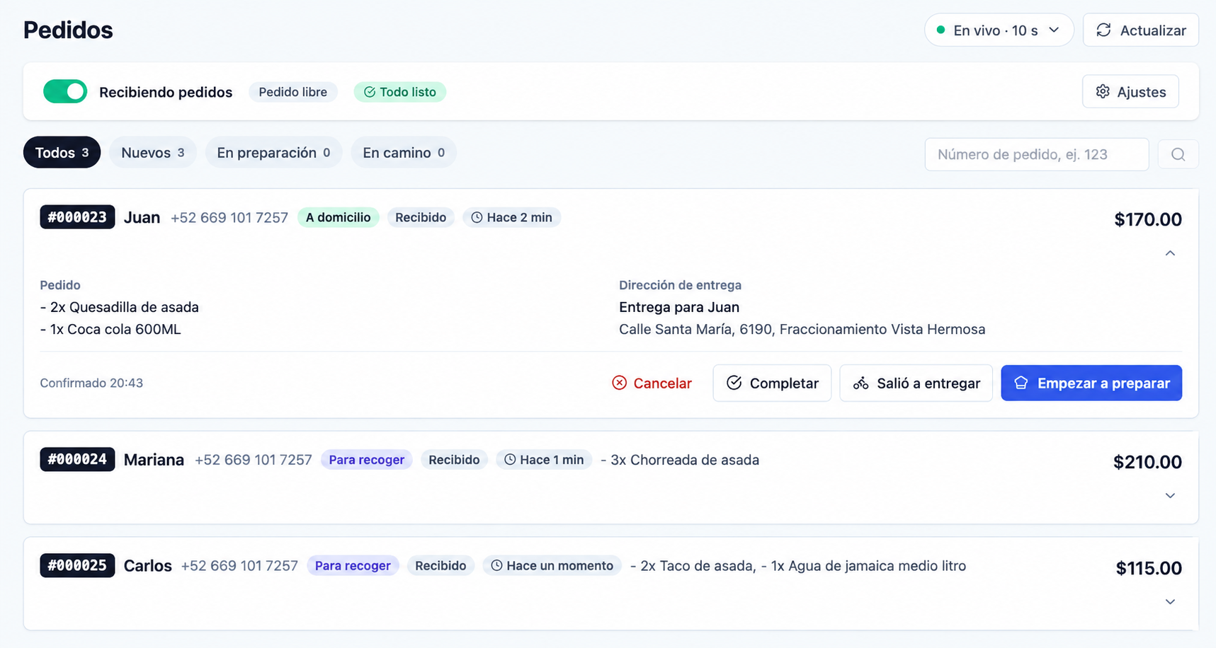 Panel de Spendor con tres pedidos recibidos en tiempo real