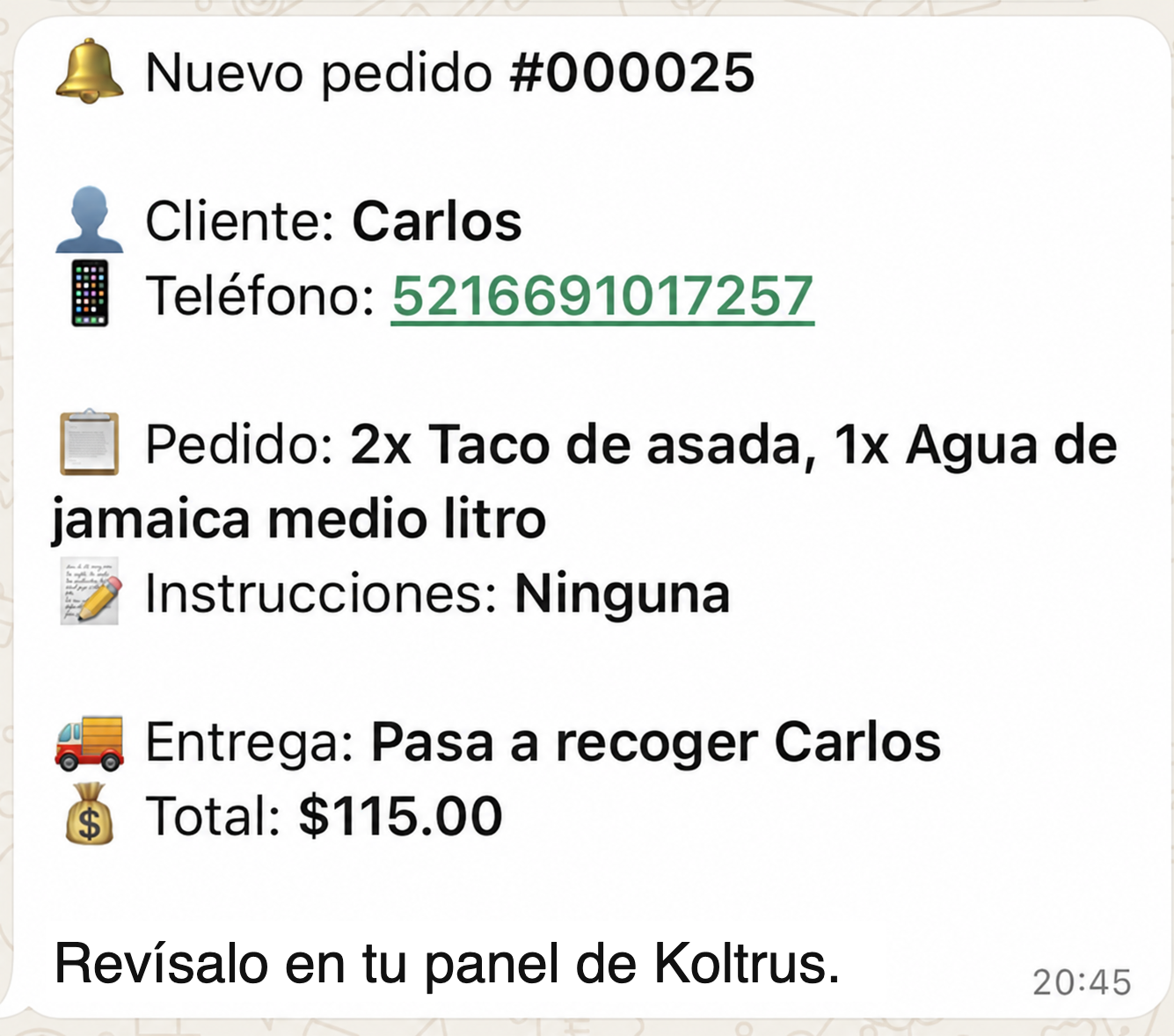 Aviso de un nuevo pedido recibido por el negocio en WhatsApp